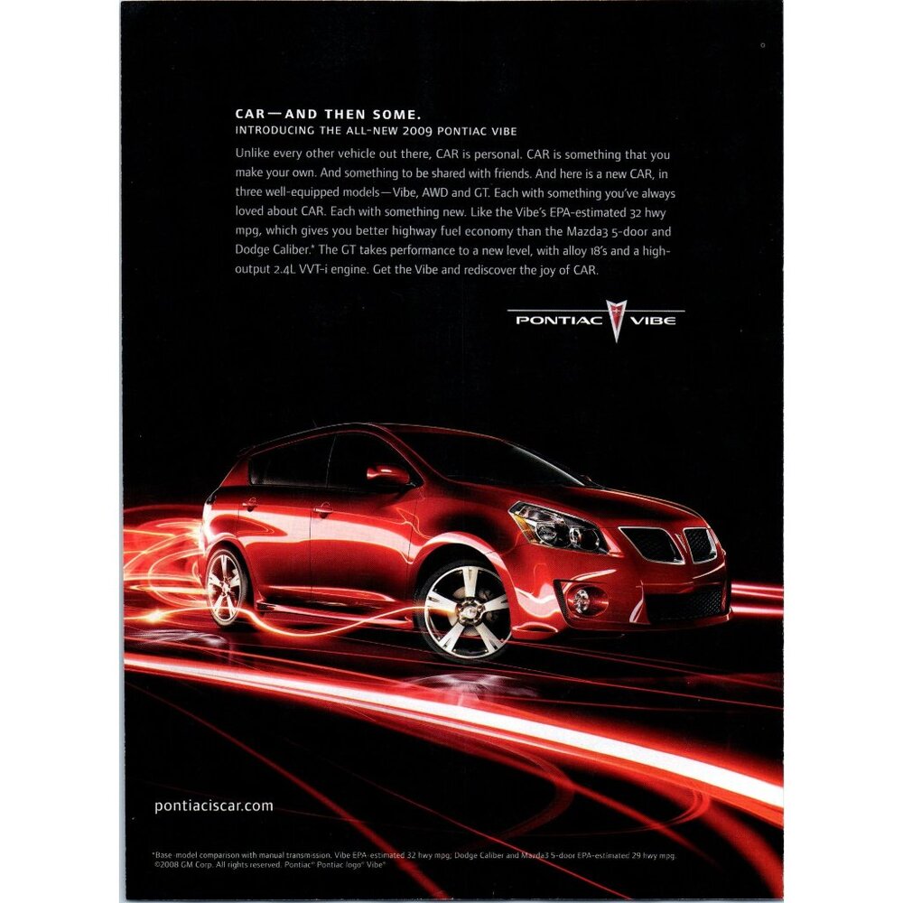 2008 Pontiac Vibe 5 Door Hatchback Vintage Print Ad Neon Lights Wall Art